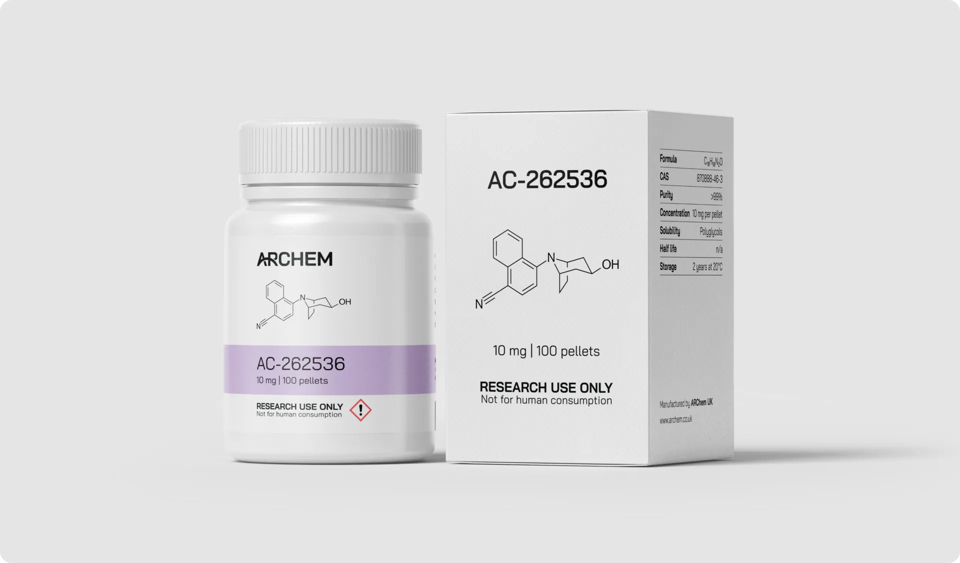 Max Muscle Labs Archem AC-262536 bottle and packaging, chemical structure shown, 10 mg dosage, labeled for research use only.
