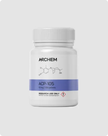 Max Muscle Labs Archem ACP-105 bottle, chemical structure shown, 10 mg dosage, labeled for research use only.