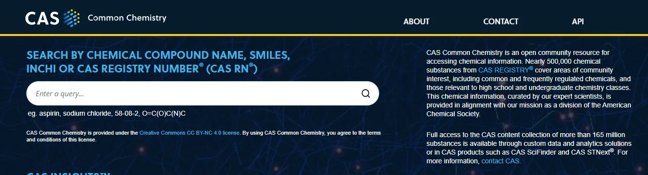 CAS Common Chemistry interface for searching chemical compounds, providing access to chemical information.