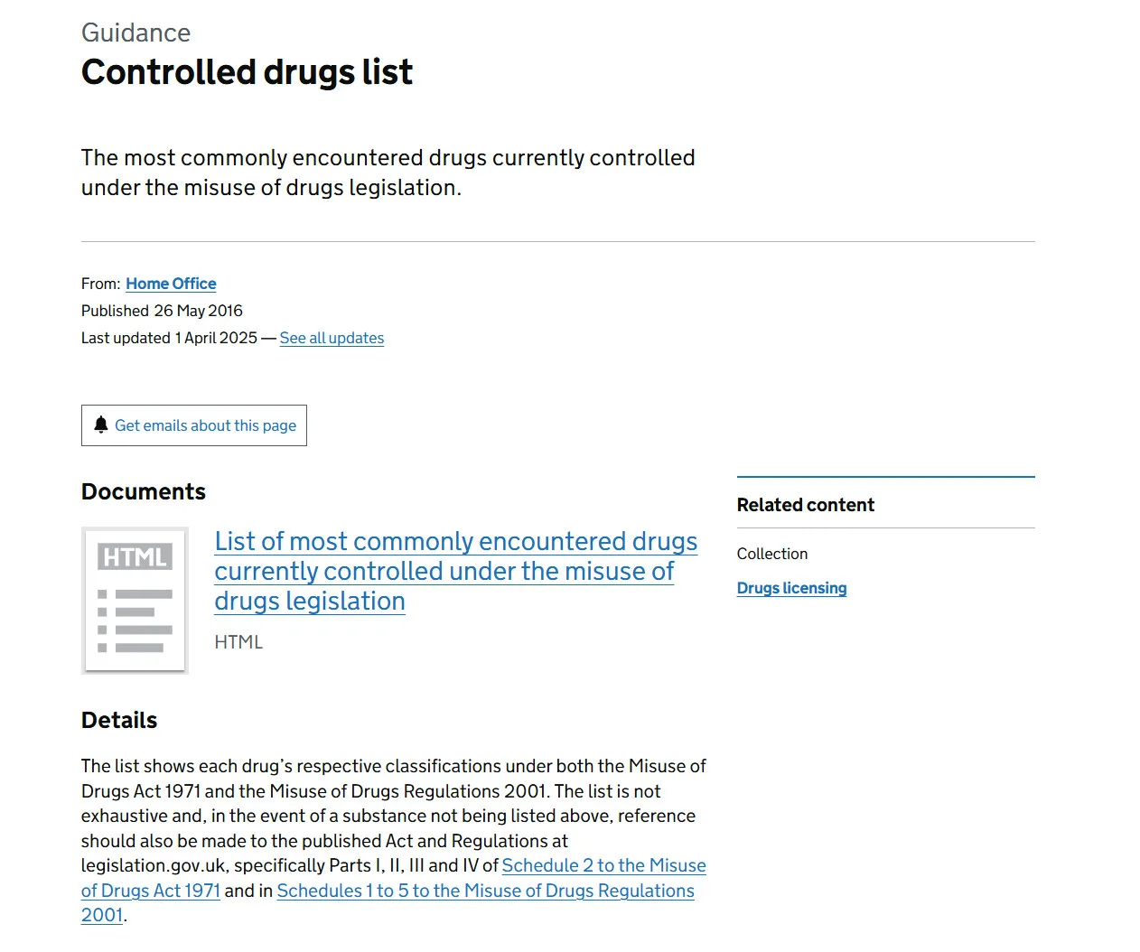 Controlled drugs list guidance page from Home Office, detailing commonly encountered drugs under misuse legislation.