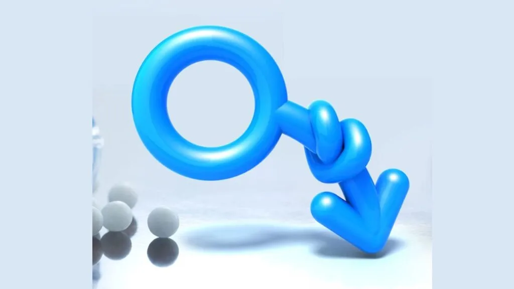 3D male gender symbol, blue, with knot in arrow, represents declining male fertility.