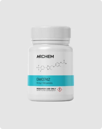 Max Muscle Labs Archem GW0742 bottle, chemical structure shown, 10 mg dosage, labeled for research use only.