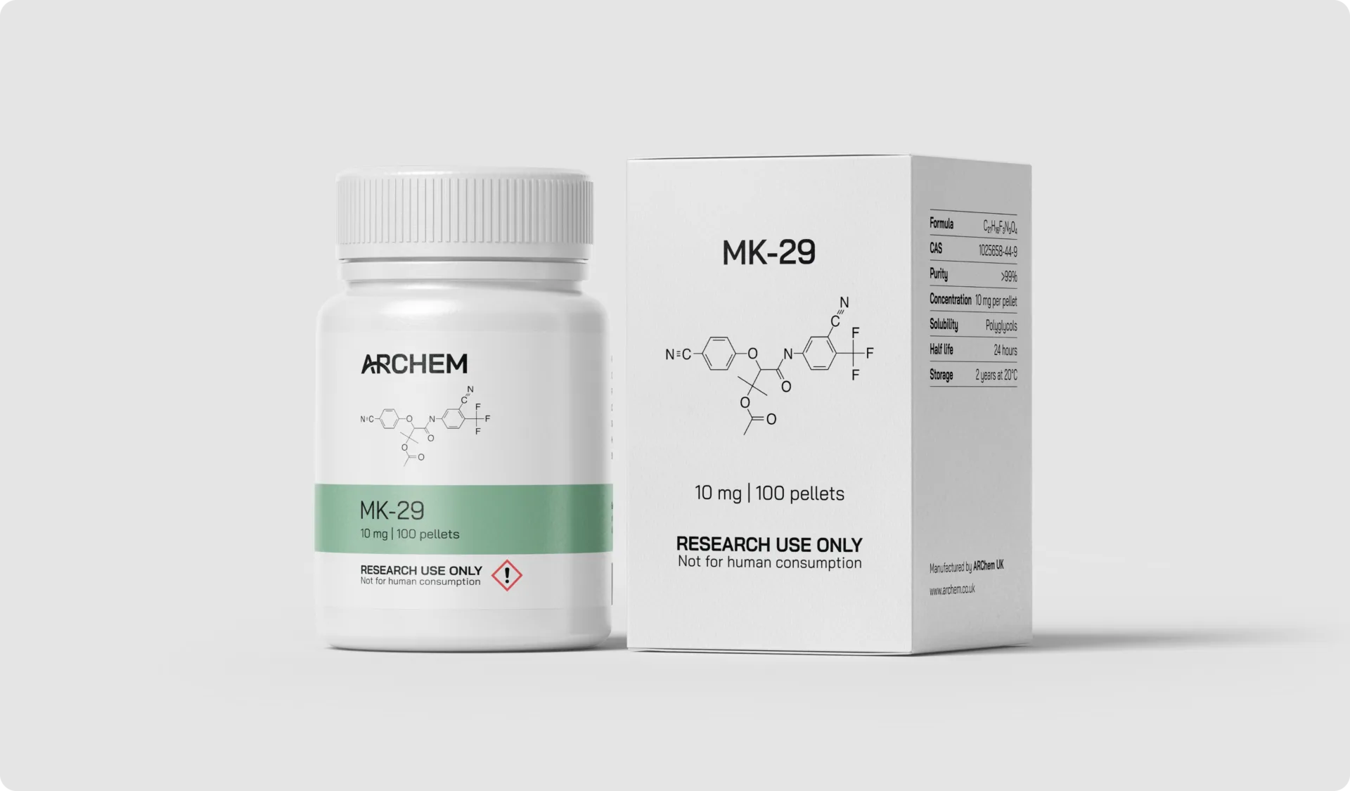 Max Muscle Labs Archem MK-29 bottle and packaging, chemical structure shown, 10 mg dosage, labeled for research use only.