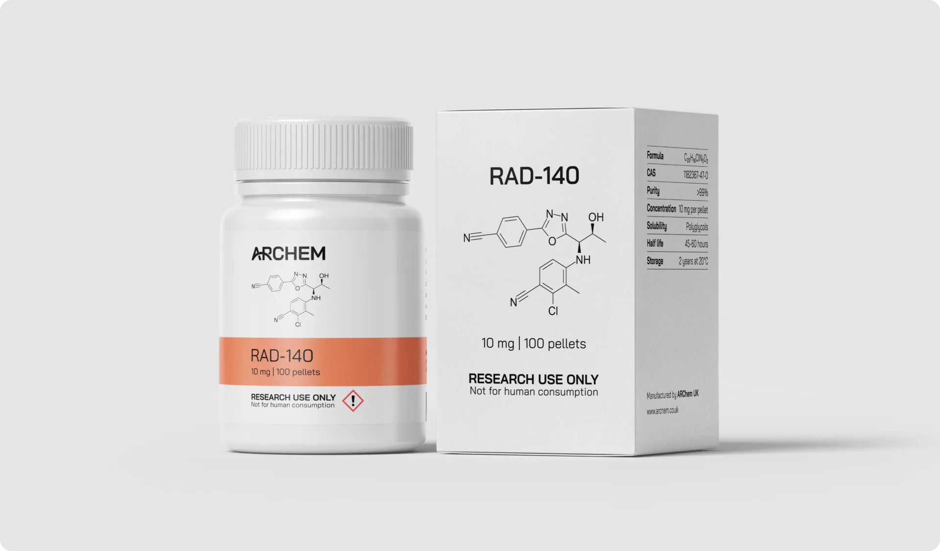 Max Muscle Labs Archem RAD-140 Testolone bottle and packaging, chemical structure shown, 10 mg dosage, labeled for research use only.