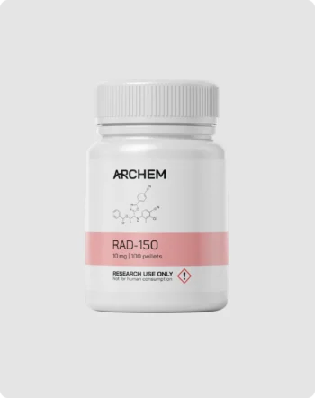 Max Muscle Labs Archem RAD-150 bottle, chemical structure shown, 10 mg dosage, labeled for research use only.