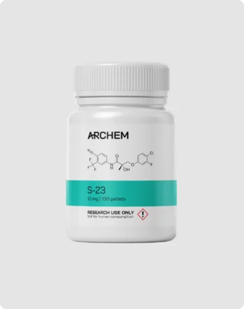 Max Muscle Labs Archem S-23 bottle, chemical structure shown, 10 mg dosage, labeled for research use only.