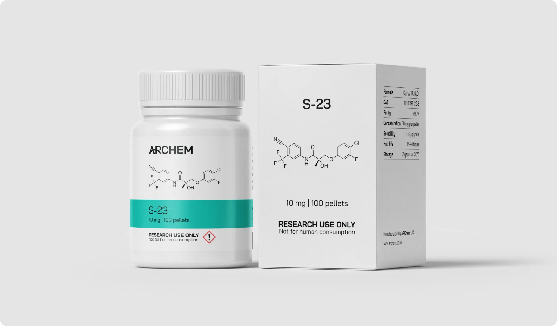 Max Muscle Labs Archem S-23 bottle and packaging, chemical structure shown, 10 mg dosage, labeled for research use only.