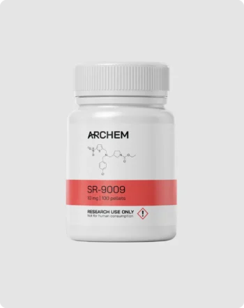 Max Muscle Labs Archem SR-9009 Stenabolic bottle, chemical structure shown, 10 mg dosage, labeled for research use only.