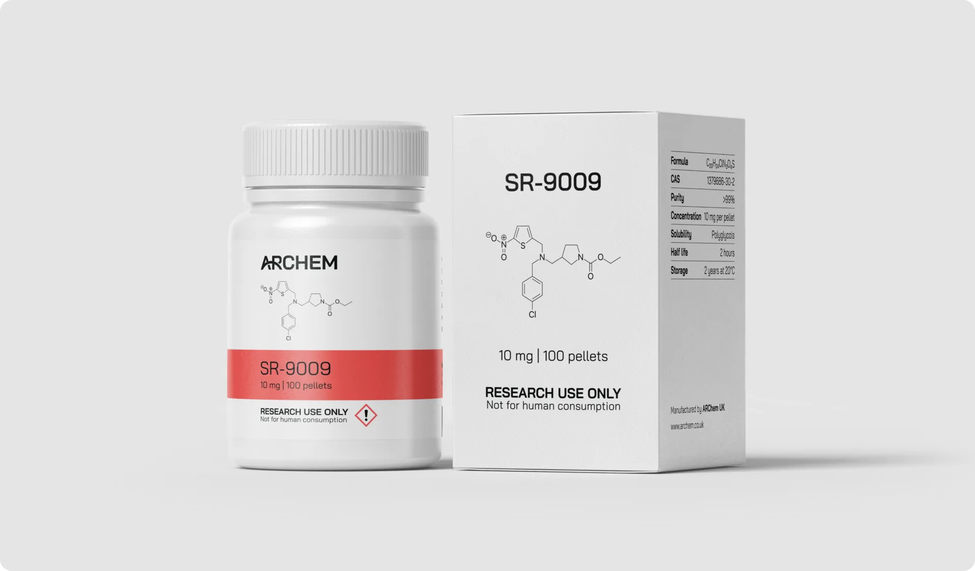Max Muscle Labs Archem SR-9009 Stenabolic bottle and packaging, chemical structure shown, 10 mg dosage, labeled for research use only.