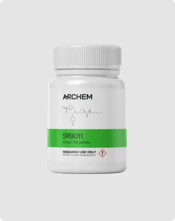 Max Muscle Labs Archem SR-9011 bottle, chemical structure shown, 10 mg dosage, labeled for research use only.