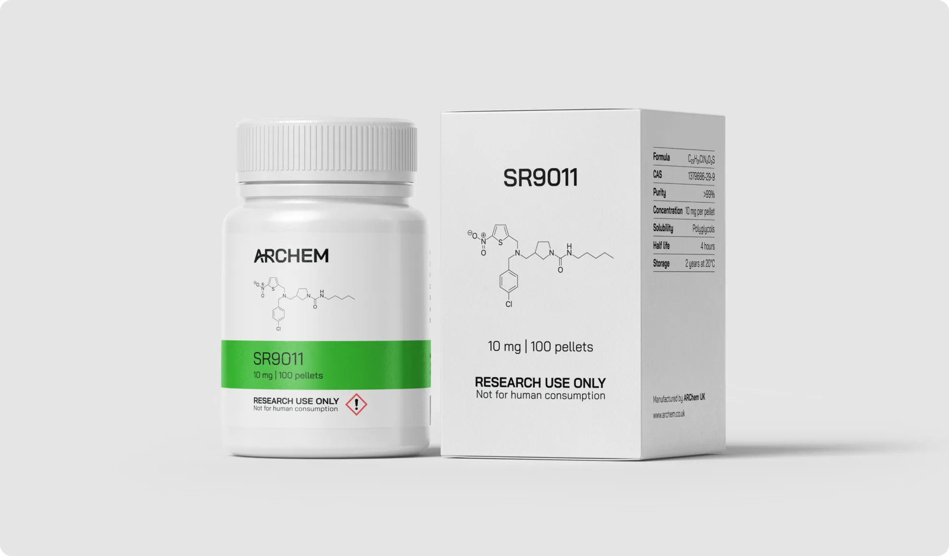 Max Muscle Labs Archem SR-9011 bottle and packaging, chemical structure shown, 10 mg dosage, labeled for research use only.