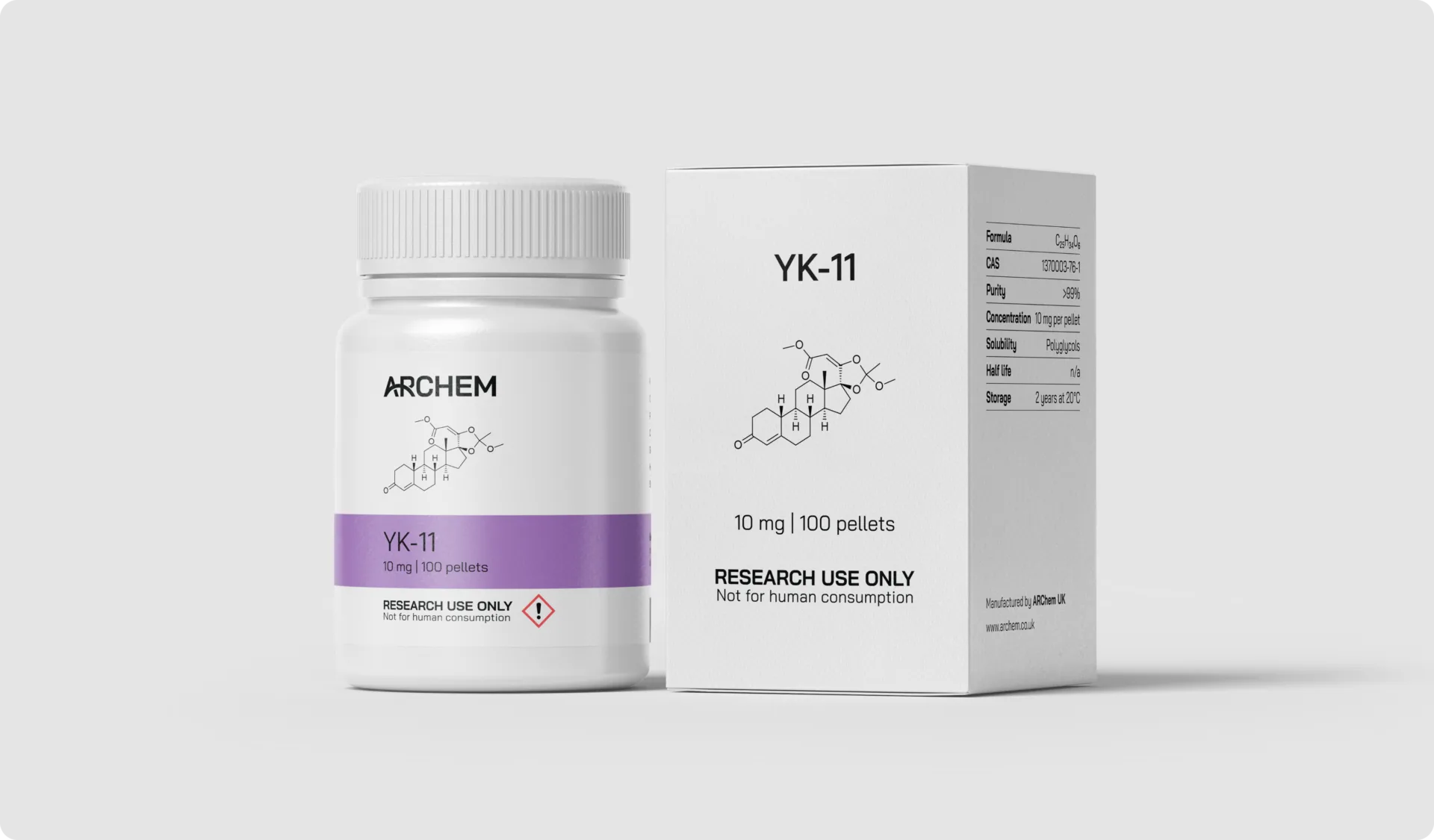 Max Muscle Labs Archem YK-11 Myostine bottle and packaging, chemical structure shown, 10 mg dosage, labeled for research use only.