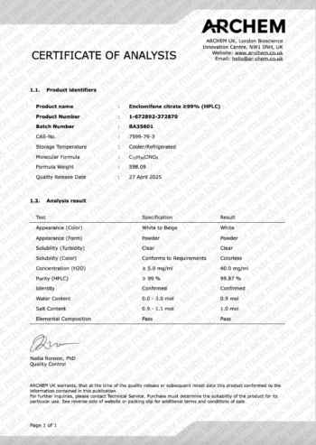 Certificate of analysis for Enclomifene citrate, detailing product identifiers and analysis results including purity and