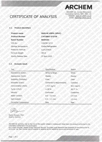 RAD140 certificate analysis showing purity, concentration, and compliance with specifications, confirming identity and