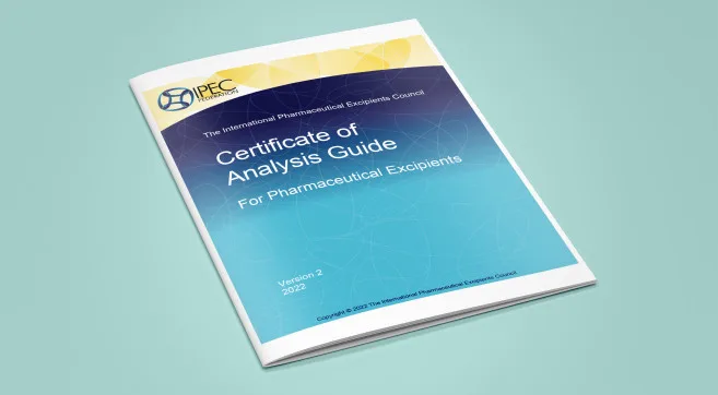 Certificate of Analysis Guide, IPEC, 2022, for pharmaceutical excipients, blue cover.