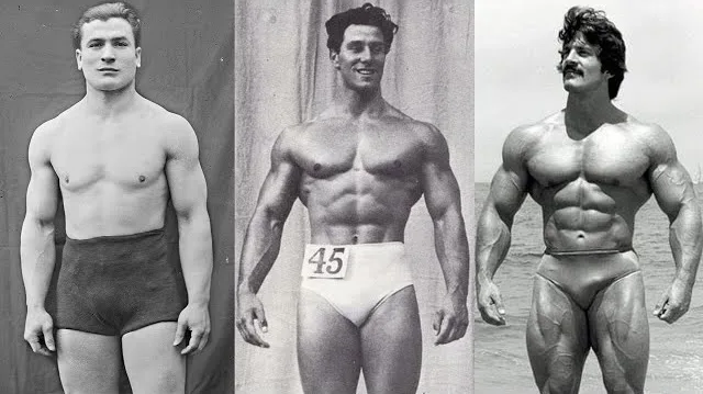Three stages of male muscular development over mid-20th century, showcasing body shape evolution and muscle growth trends.