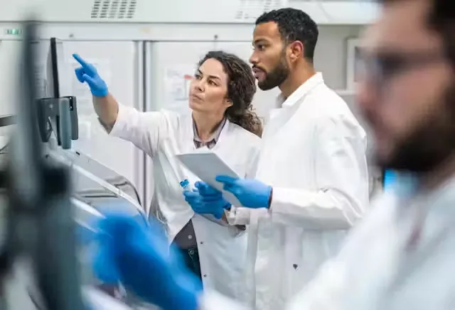 Researchers analyzing SARMs data on a computer screen in a laboratory setting.