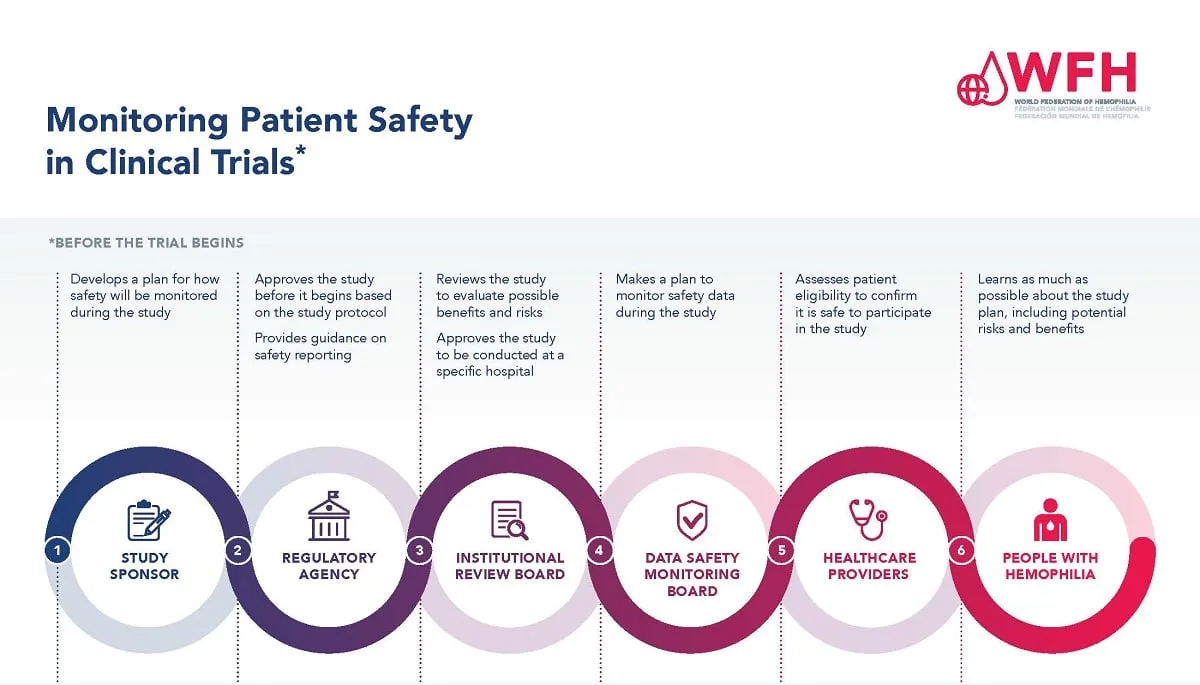 SARMs clinical trial safety monitoring roles: sponsor, agency, review board, data safety, providers, patients. Flowchart overview.