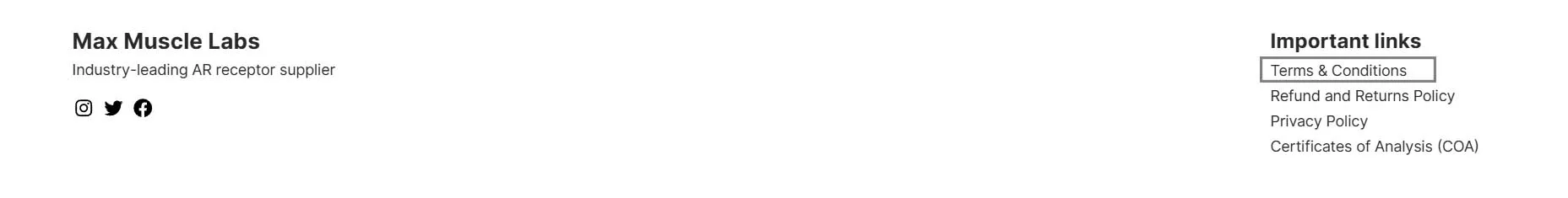 Max Muscle Labs logo and social media links; Terms and conditions highlighted in important links section.