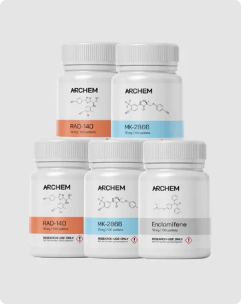 Five Archem supplement bottles labeled RAD-140, MK-2866, and Enclomifene, indicating research use only.
