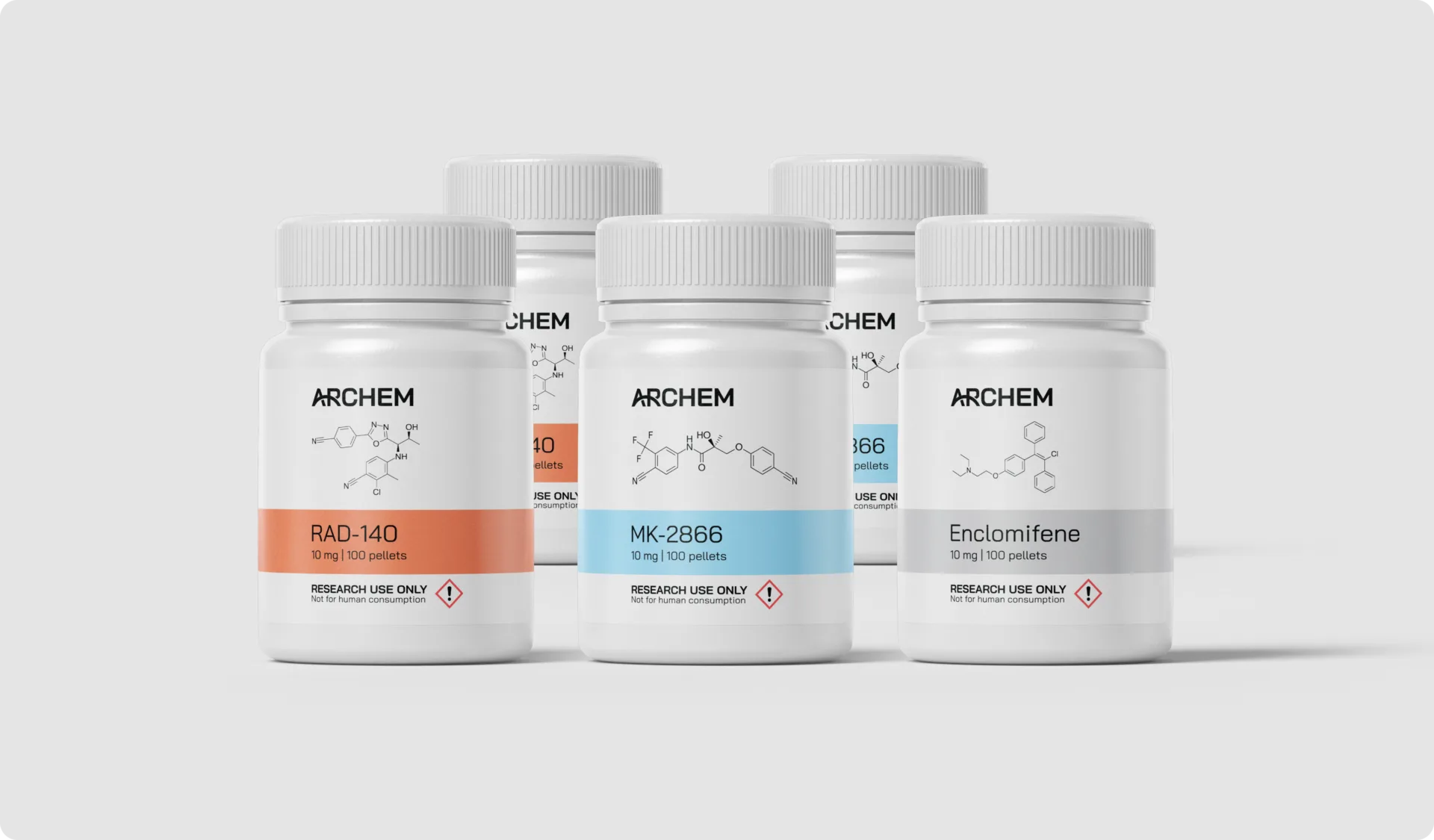 Five labeled research chemical bottles for analysis of RAD-140, MK-2866, and Enclomifene.