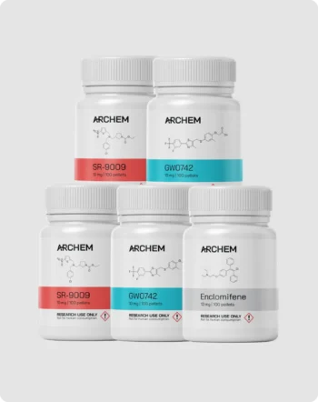 Archem research chemical bottles: SR-9009, GW0742, Enclomifene, labeled for non-human use.
