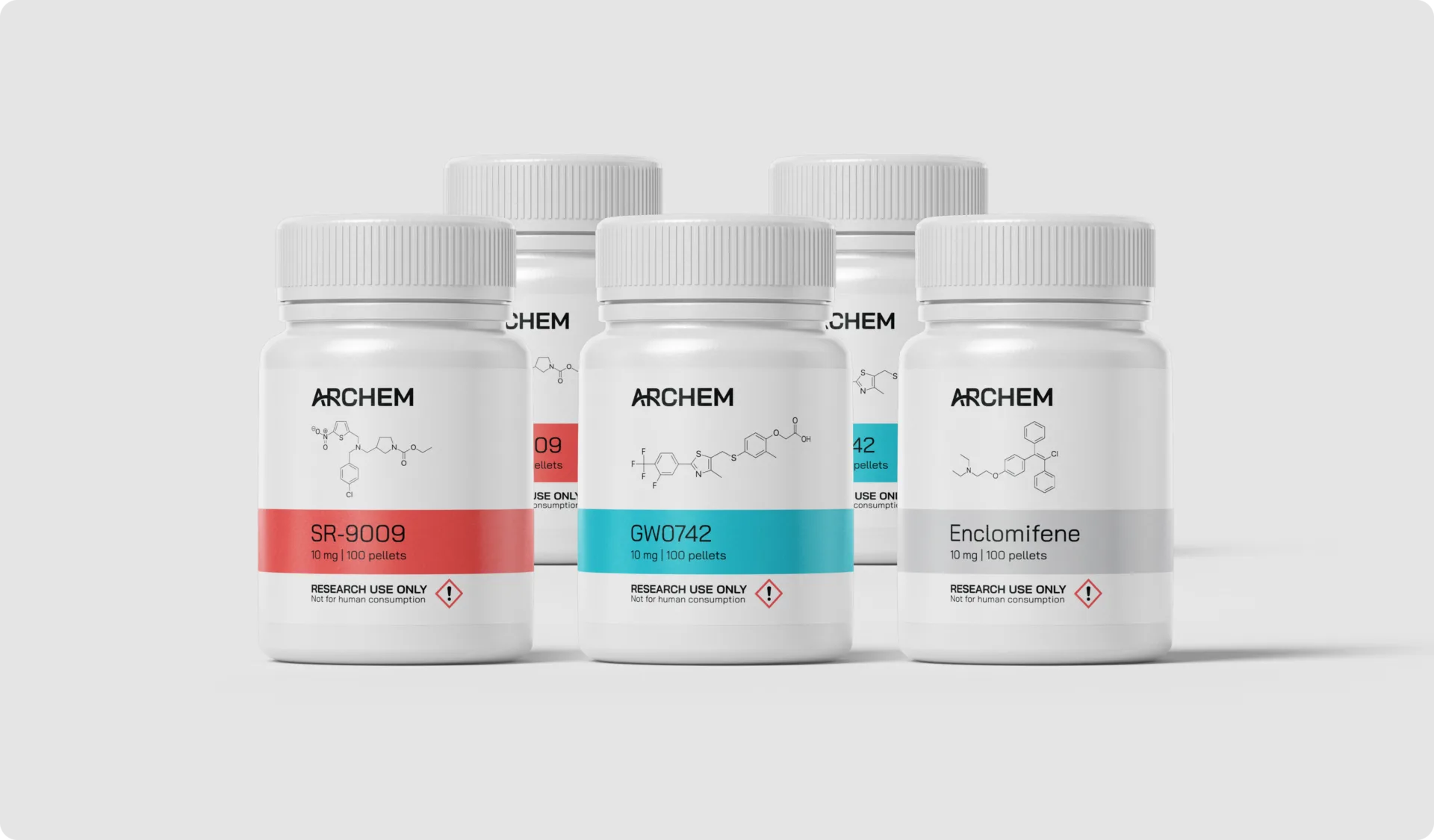 Research compound bottles: SR-9009, GW0742, Enclomifene, used for scientific study, focus on chemical applications.