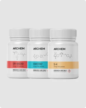 ArChem bottles of SR-9009, GW0742, S-4, labeled for research use, showcasing chemical compositions.