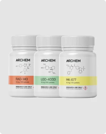 Three research chemical bottles: SR-9009, GW0742, S-23; labeled Research Use Only.