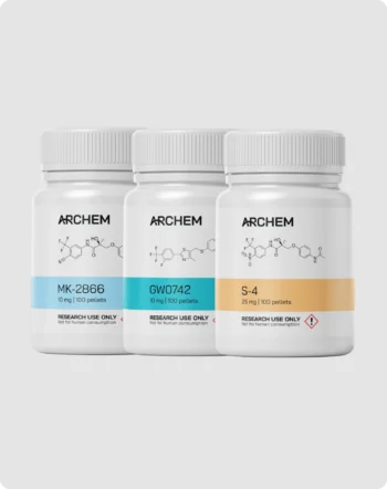 Three research chemical bottles labeled MK-2866, GW0742, S-4 with structural formulas on packaging.