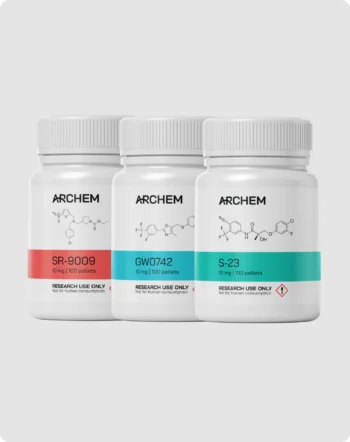 Bottles of research chemicals SR-9009, GW0742, and S-23, labeled for research use only.