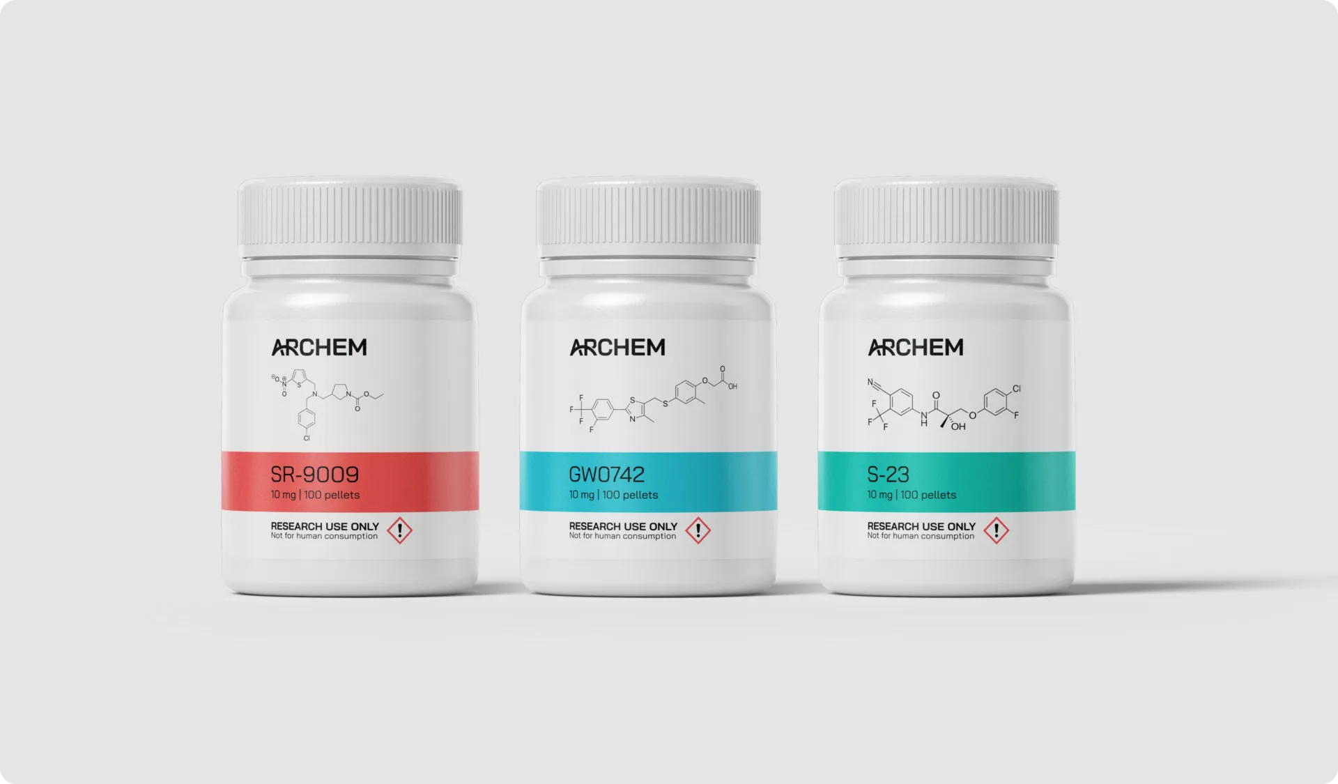 Three labeled supplement bottles: SR-9009, GW0742, S-23, for research use only.