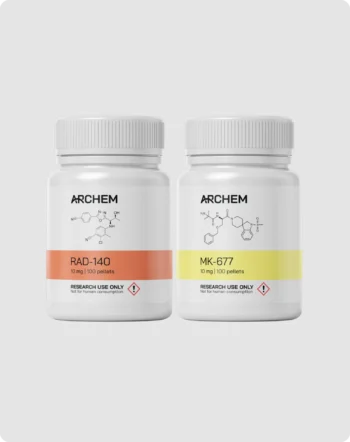 Two research supplement bottles, RAD-140 and MK-677, labeled for research use only.