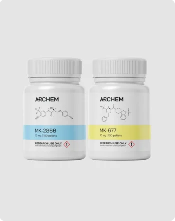 Archem MK-2866 and MK-677 chemical research bottles, non-human consumption, research use only.