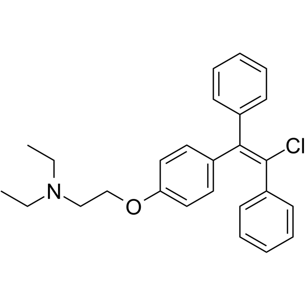 Chemical structure of tamoxifen, key in cancer research, showing aromatic rings and functional groups.