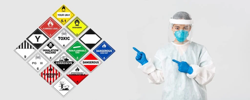 Hazard symbols with person in protective gear, illustrating safety measures in handling dangerous substances.