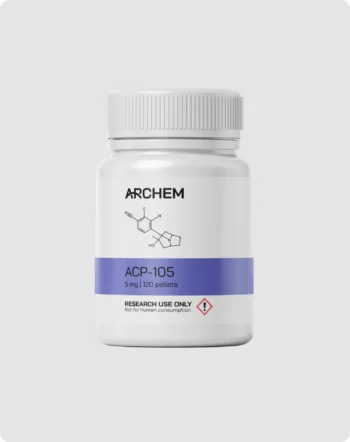ACP-105 5mg 120 pellets bottle labeled for research use only, not for human consumption.
