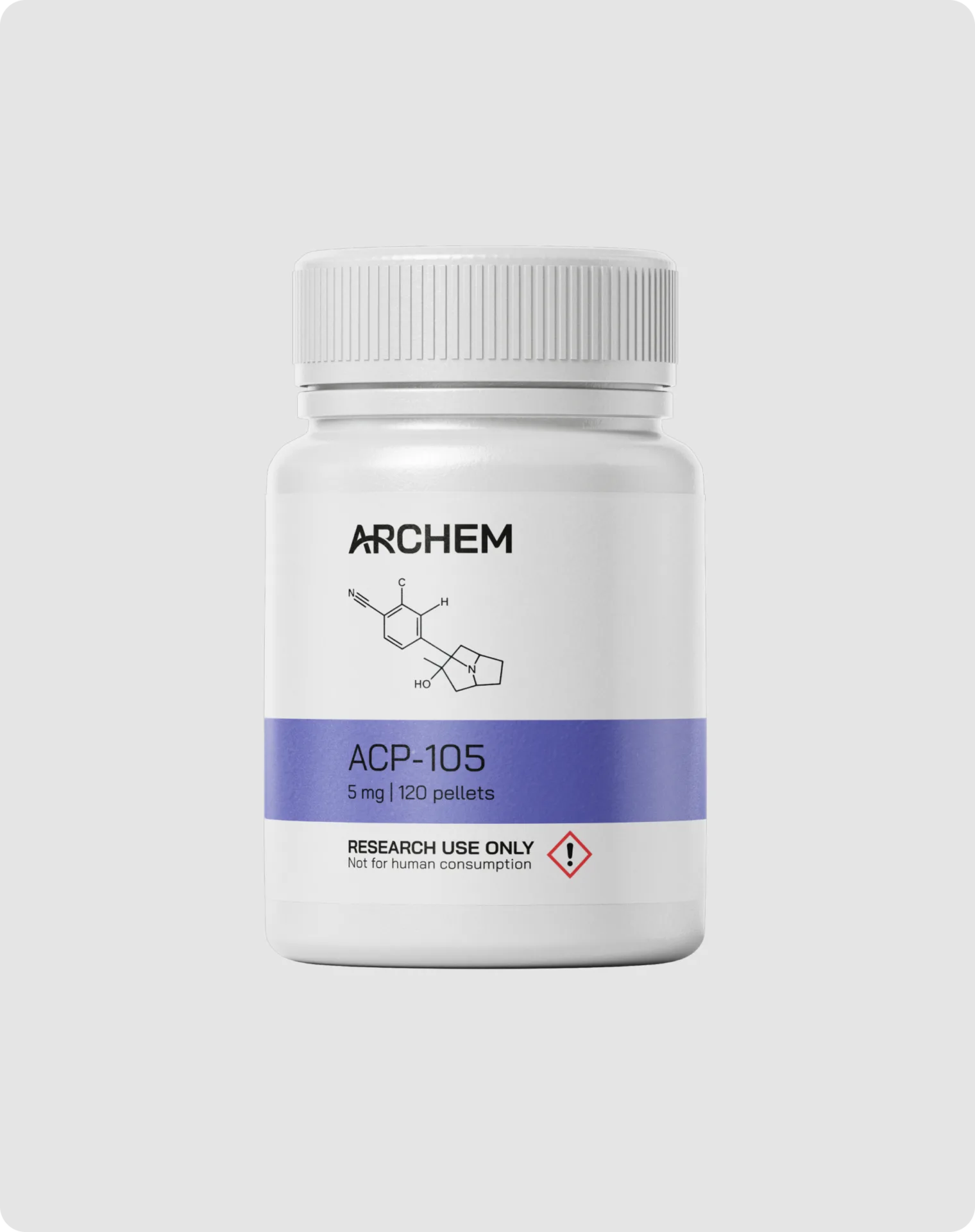 ACP-105 5mg 120 pellets bottle labeled for research use only, not for human consumption.