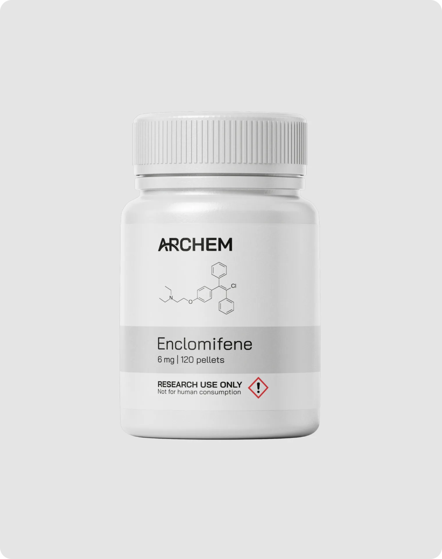 Enclomifene container, 6 mg dosage, 120 pellets, labeled for research use only, not for human consumption.
