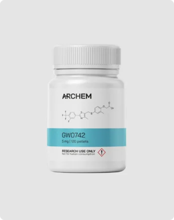 Container of GW0742 compound for research, not for human use. Contains 5 mg, 120 pellets. Chemical structure displayed.