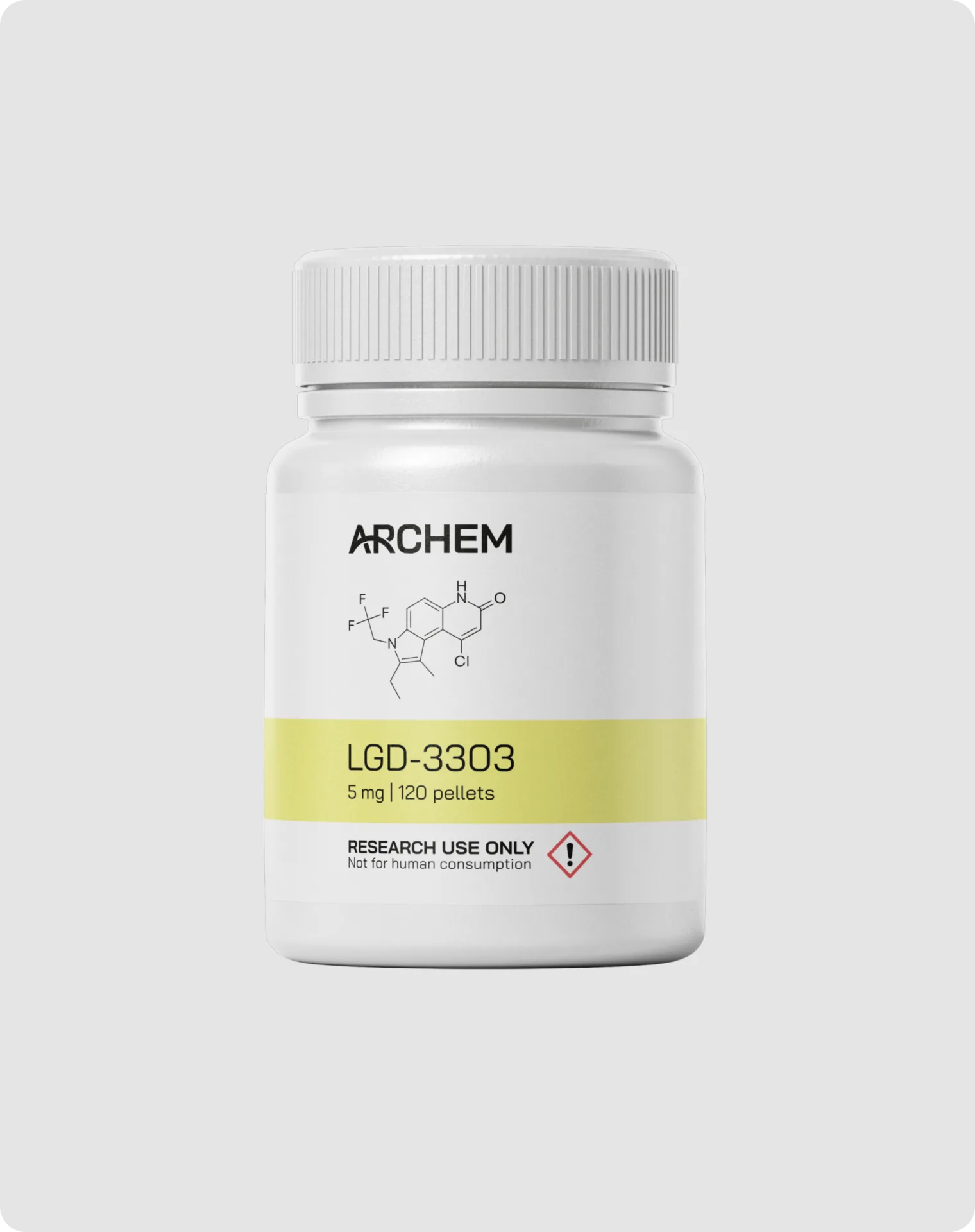 LGD-3303 research chemical container, 5 mg dosage, non-human consumption warning.