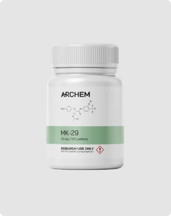 Chemical compound MK-29 bottle for research, non-consumable, 10 mg, 120 pellets, white container with green label.