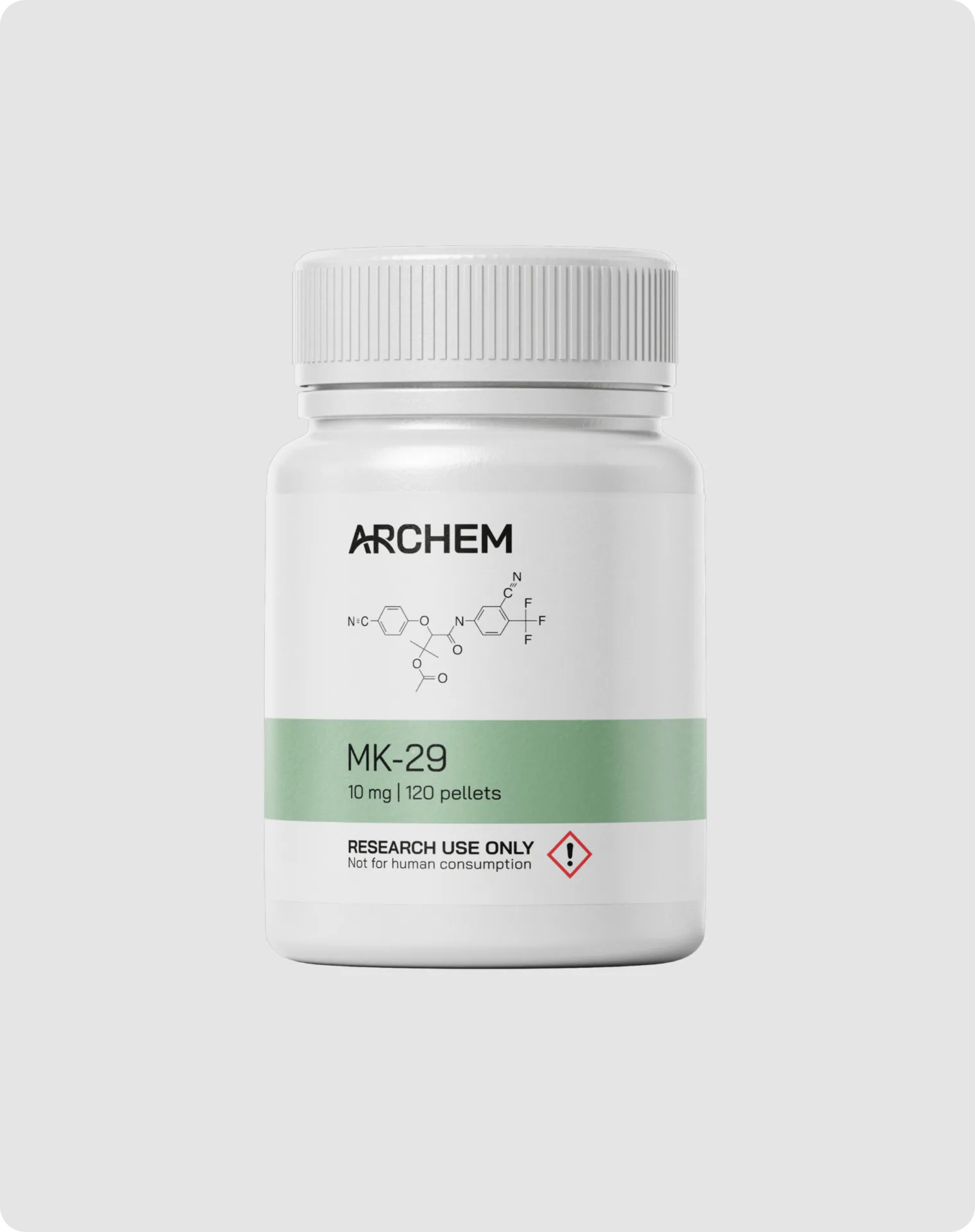 Chemical compound MK-29 bottle for research, non-consumable, 10 mg, 120 pellets, white container with green label.
