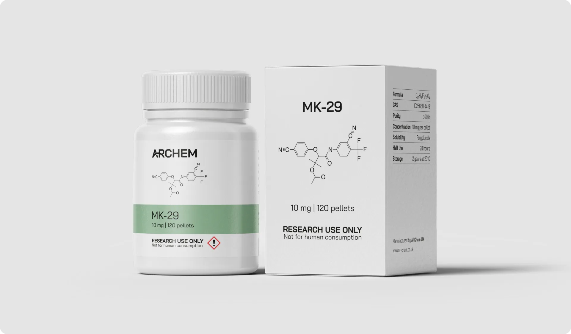 MK-29 supplement packaging with chemical structure and research use specifications.