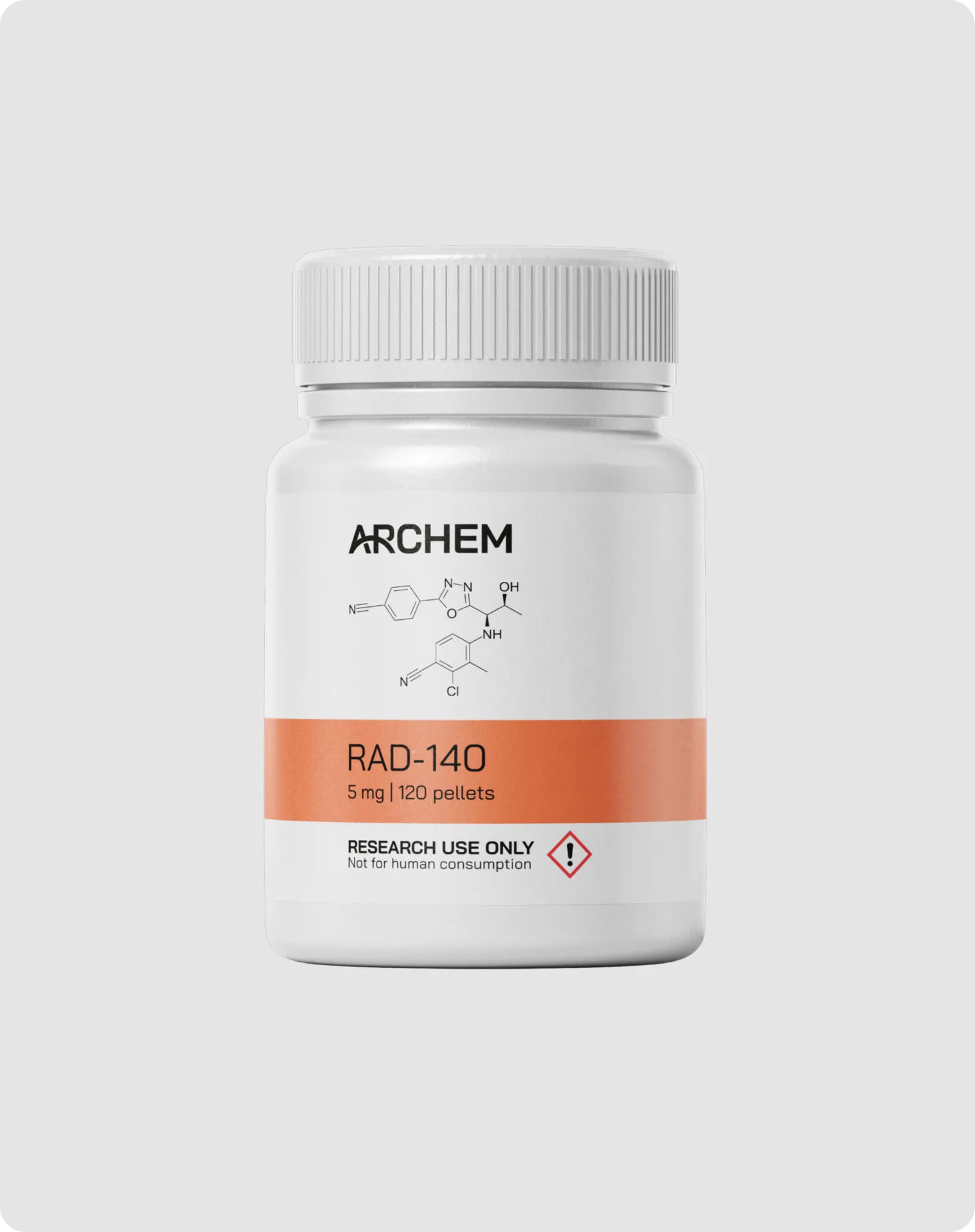 RAD-140 container labeled for research use only, chemical structure depicted, 5 mg dosage, 120 pellets.