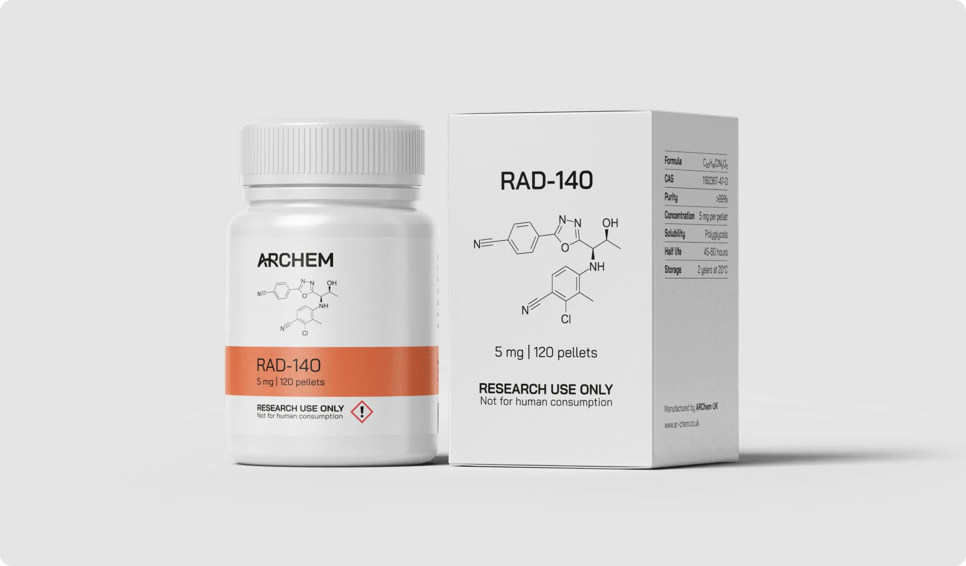 RAD-140 supplement bottle and box with chemical structure and product details shown.