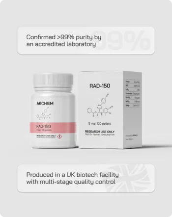 RAD-150 supplement bottle and box, >99% purity, UK biotech production, multi-stage quality control.