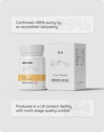 S-4 capsules with purity >99% from UK biotech, emphasizing research use and not for human consumption.