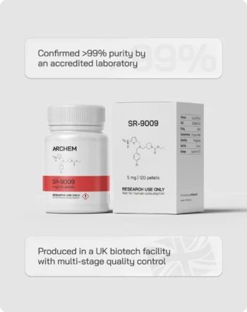 SR-9009 product verified >99% purity, UK biotech production, multi-stage quality control for research only.