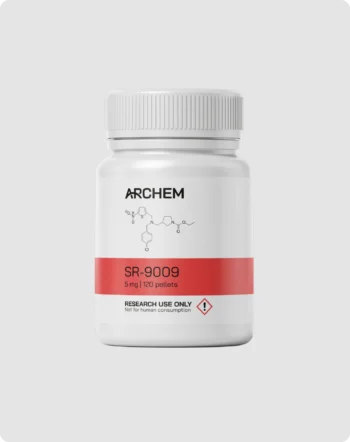 SR-9009 5mg bottle for research; 120 pellets; not for human use; chemical structure depicted.